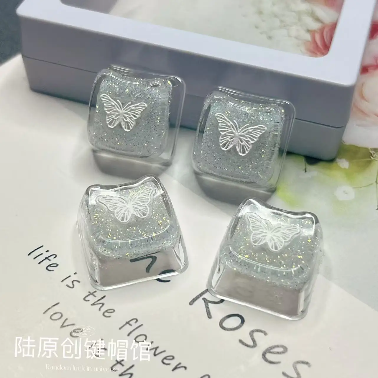 1PC/4PCS Mao Height Butterfly Keycap Cute Translucent Cat Head Keycap Drip Glue Transparent Gaming Mechanical Keyboard Keycap