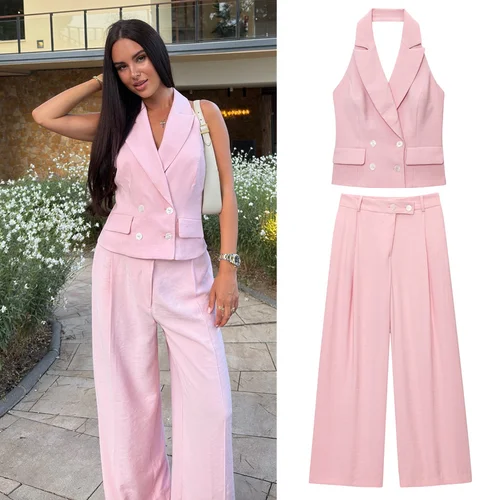 PB & ZA2025, novedad de verano, temperamento elegante para mujer, chaleco con cuello Halter y doble botonadura, conjunto de pantalones informales de pierna ancha cómodos
