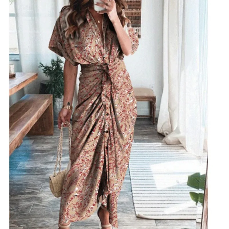 Sexy Irregular Long Dress For Women Fashion V-neck Lace-up Wrinkled Buttoned Dress Elegant Short Sleeves Clothing Ropa De Mujer