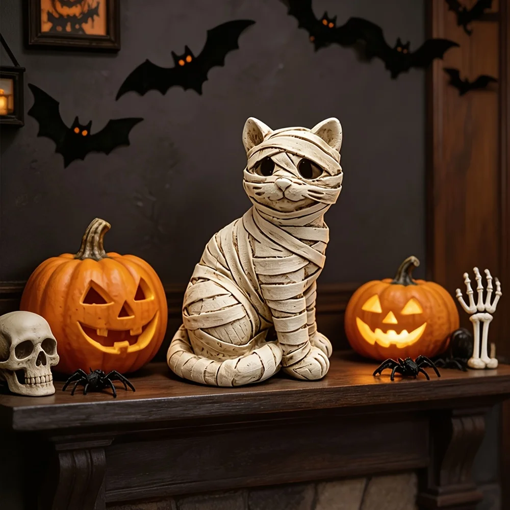 Vintage Ägyptische Mumienkatzenfigur, handgewickelte Bandage-Harzstatue, hohle dunkle Augen, Academia Gothic Halloween-Dekorationsgeschenk – Detail 3