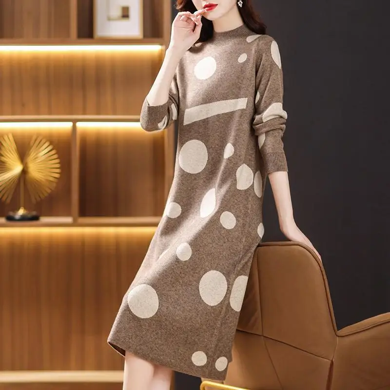 Vintage Polka Dot Printed Dresses Casual Half High Collar Autumn Winter A-Line Women\'s Clothing Long Sleeve Knitted Midi Dress