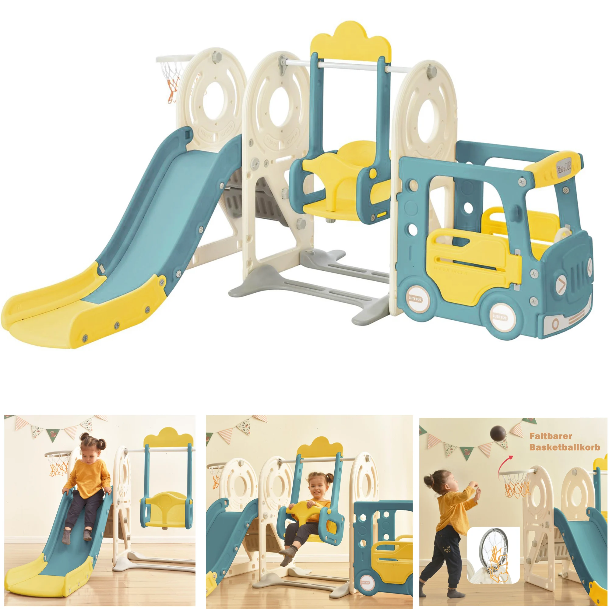 5 in 1 children's slide combination with bus, swing, slide, stepladder, basketball hoop and matching basketball,Green