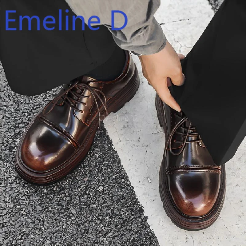 

Brown Casual Leather Shoes Fashionable Round Toe Thick Soled Lace Up Design Thick Heel Retro Versatile Business Derby Shoes