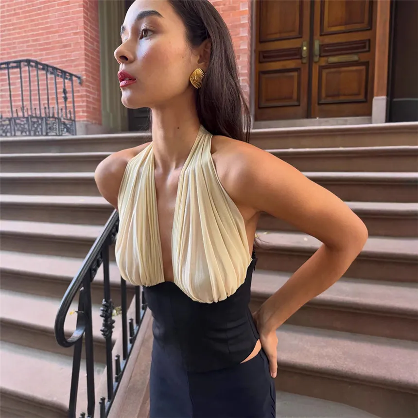 Aligaia Fashion Lady Hanging Neck Chest Wrapped Waist Cinched T-shirt 2026 Summer New Sexy Backless Versatile Casual Top