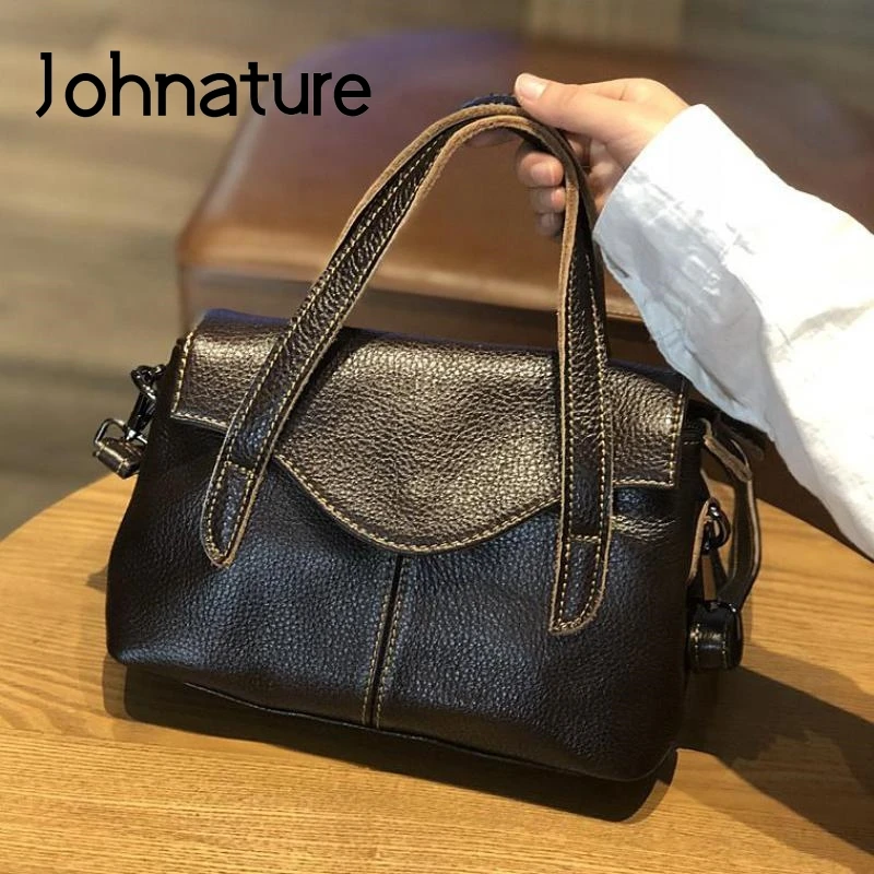 Johnature 2024 New Simple First Layer Cow Leather Women Bag Leisure Small Handbag Solid Color Soft Real Cowhide Shouler Bags