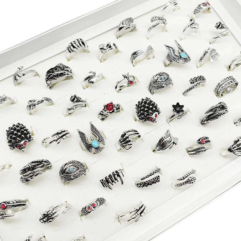 20pc/Lot Wholesale Mix Style Open Adjust Finger Rings For Women Cute Animal Design Blue Evil Eye Flower Owl Wing Red Crystal Fox