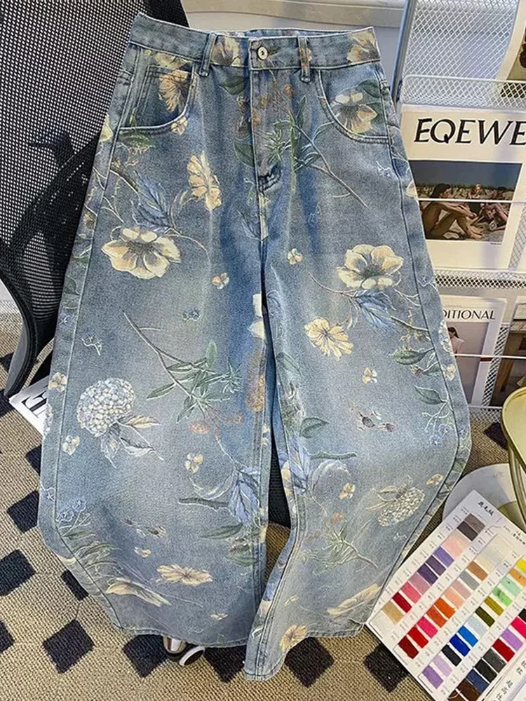 

Мужские джинсы с американским цветочным принтом, весна-осень, новый стильный дизайн, модные свободные прямые брюки с широкими штанинами