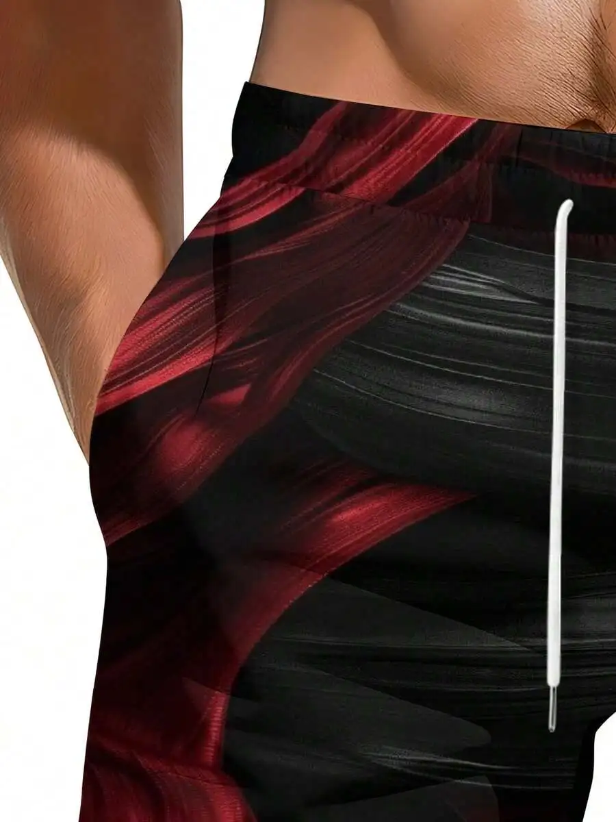 

Mens Beach Shorts Red And Black Geometric Abstract Print Summer Wear