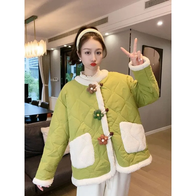 Kawaii Clothing Women Cotton Coat Flower Buttons Autumn Winter Parkas Long Sleeve Jacket Warm Bread Coat Korean Fashion New