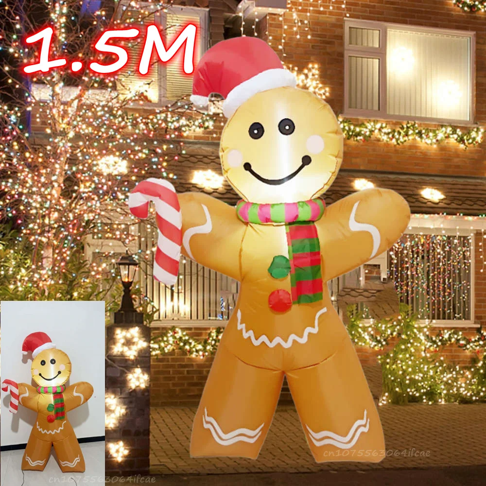 

1.5M Christmas Inflatables Gingerbread with Candy In Hand Outdoor Decorations Xmas Yard Decorations with LED Lights for Lawn