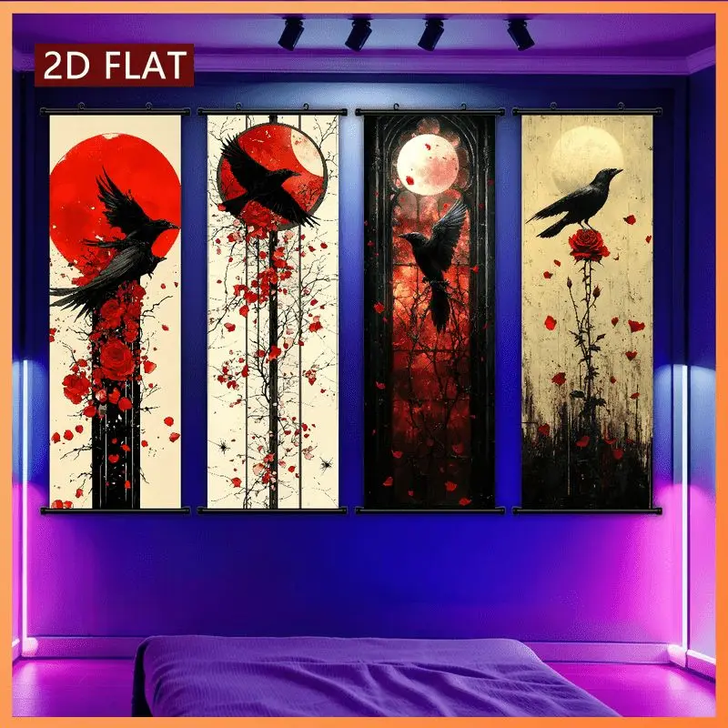 VIKAMA Raven Crimson Rose Wall Tapestry Blood Moon Gothic Dark Romance Scroll Art Home Decor Retro Style Soft Durable Cozy Gift
