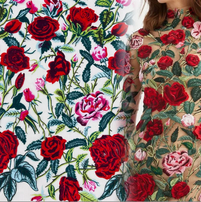 

New Heavy Industry Multicolor Tulle Cotton Thread Embroidery Fabric Flower Lace Dress Accessories