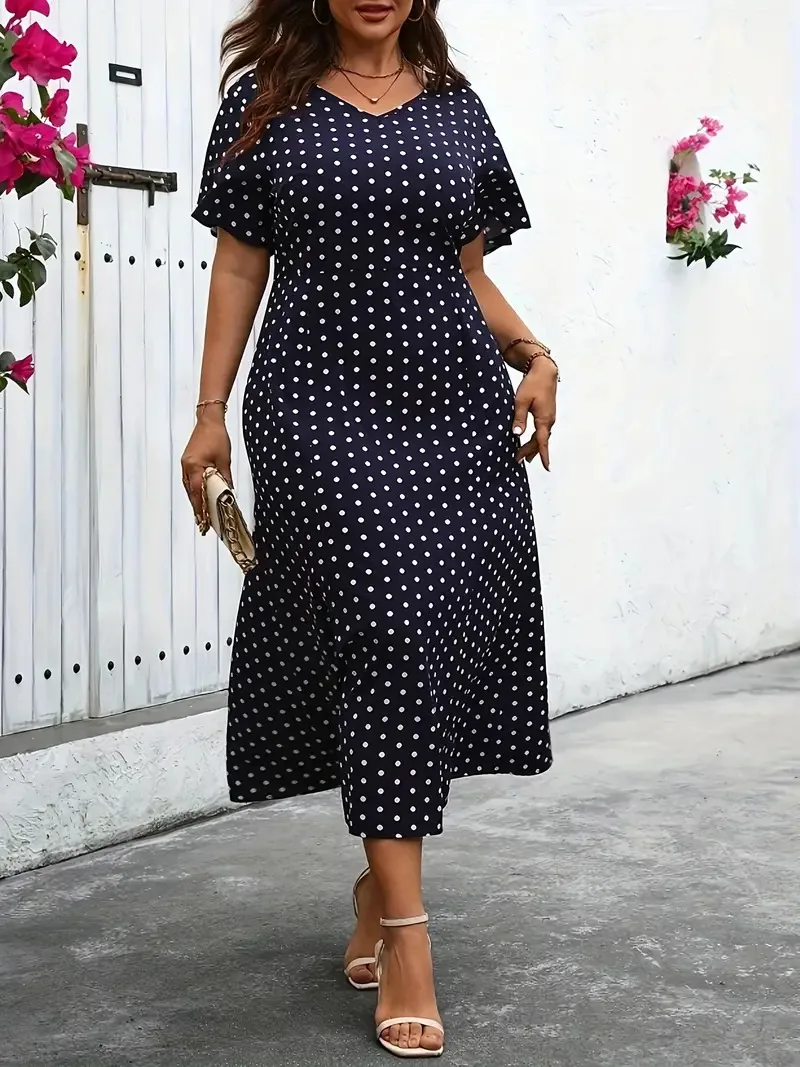 GIBSIE Plus Size Polka Dot V Neck Elegant Long Dress Women Summer High Waist Short Sleeved Vintage A-Line Dresses 2024 New