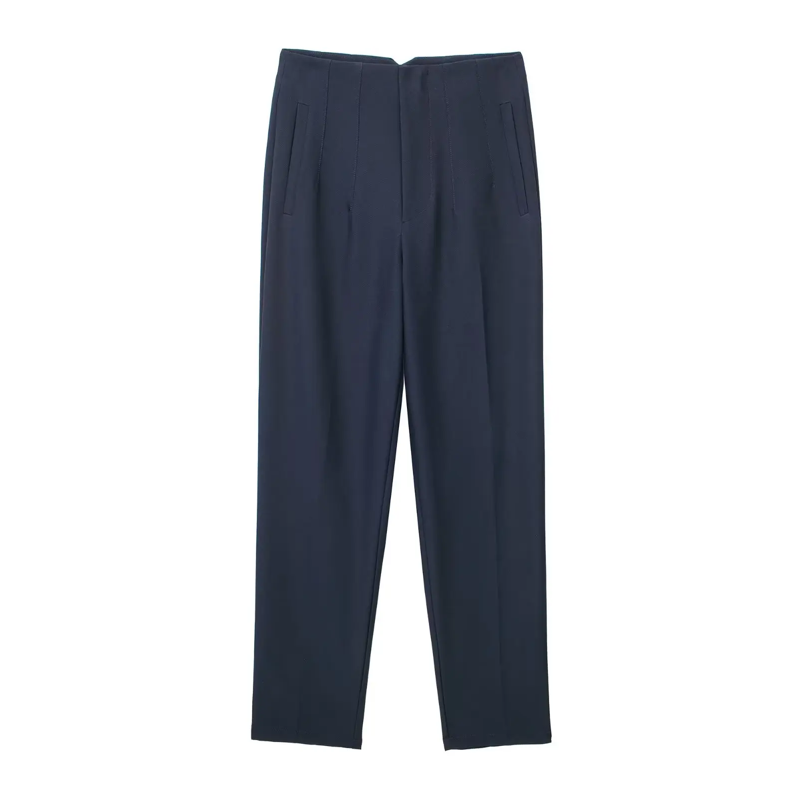 Straight Leg Pants High Waist Full Length Vintage Trousers for Women - Navy Blue