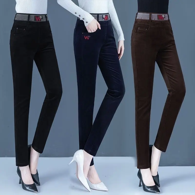 Fashion Trend Autumn Winter Corduroy Pencil Pants Women Solid Pockets Elastic High Waist Casual Plus Velvet Straight Trousers