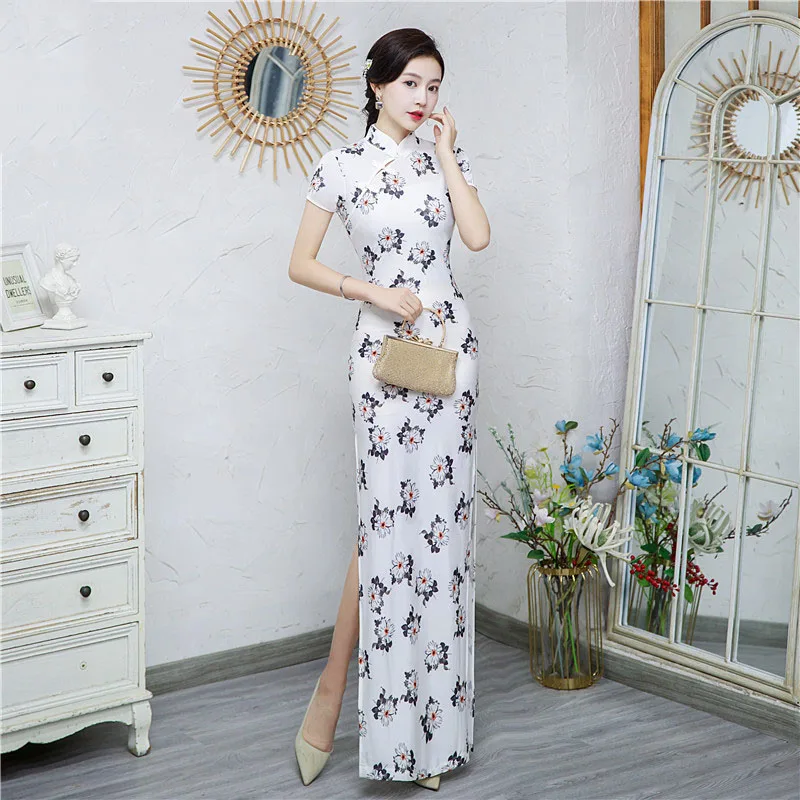 

8 Colors Chinese National Long Cheongsam Elastic Floral Vintage Costumes Women Dress Elegant Female Qipao S To 3XL