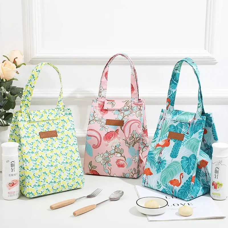 Charming Flowers Print Lunch Bag, Travel Picnic Cooler Tote Pouch, Portable Insulated Lunch Box Bag