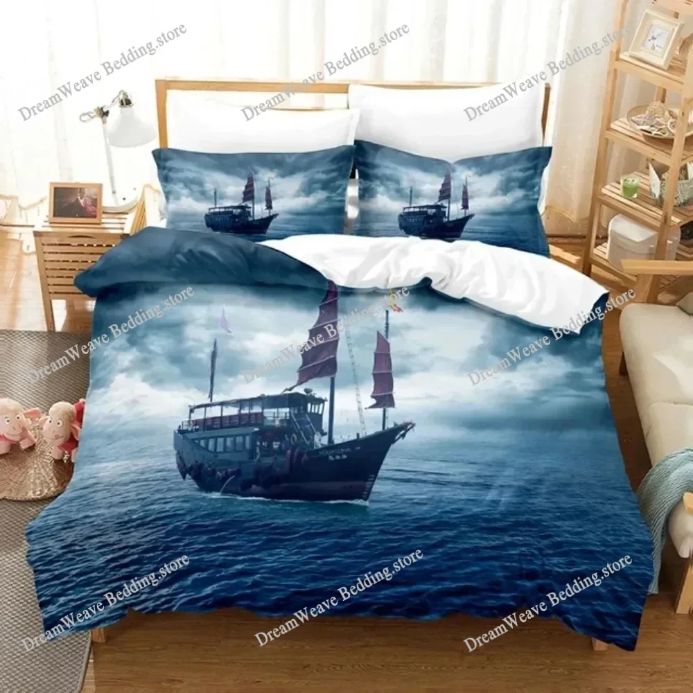 Sailboat Bedding Set Sailing Ship Comforter Cover Ocean Wave Nautical Duvet Cover for Kids Boys Girls Cartoon Ship