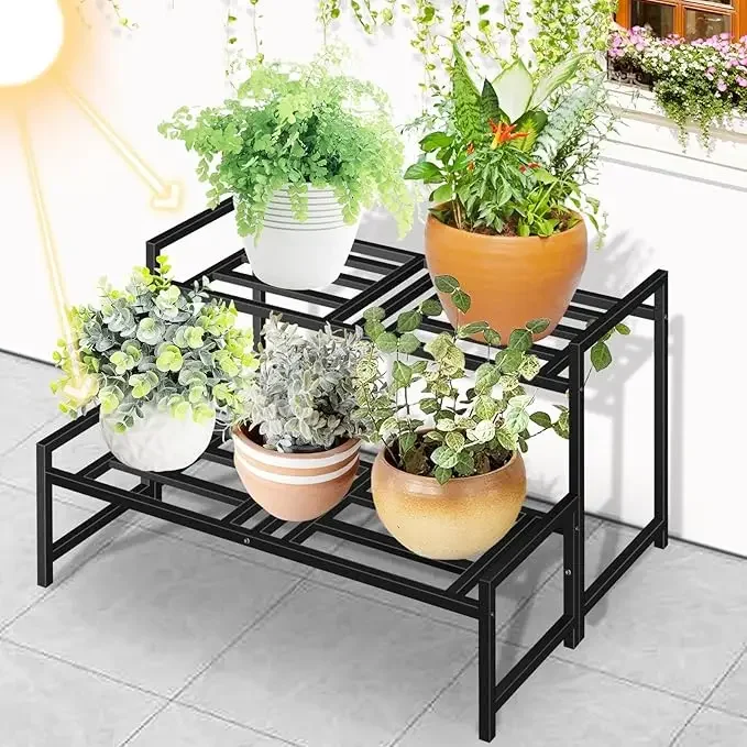 2026 Metal Powder Coated 2-Tier Garden Plant Stand Rack with Modern Design Indoor/Outdoor Ladder Plant Stand Rack with Modern De