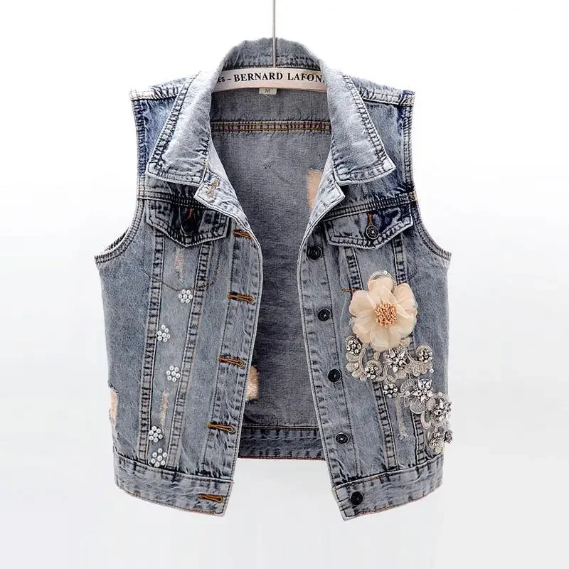 Women's Diamond-encrusted Flower Denim Vest Cropped Sleeveless Top Korean Fashion Streetwear Designer Vest Coat Trendy Waistcoat