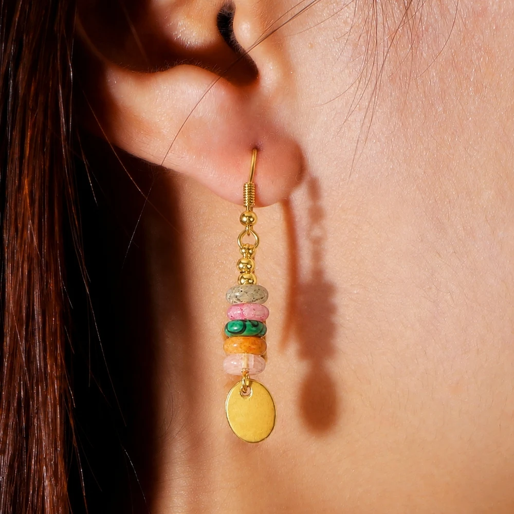 2pcs Women's Trendy 18K Gold Plated Stainless Steel Drop Earrings with Multicolor Semi-Precious Stone Beads and Round Disc Dangl