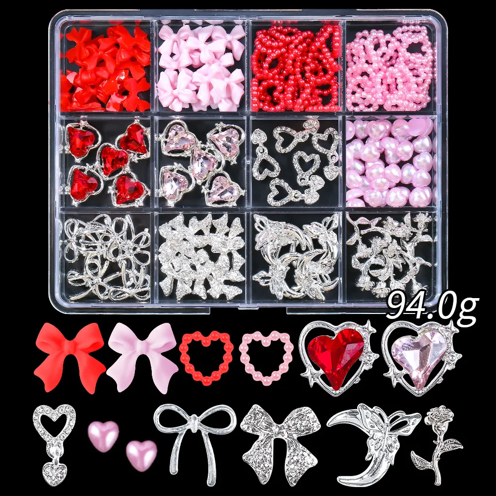 12Grids 3D Mixed Bow/Herz/Schmetterling Nagel Charms mit Diamant Legierung Band, Kirsche, Mond Nail art Dekorationen DIY Maniküre Teile &