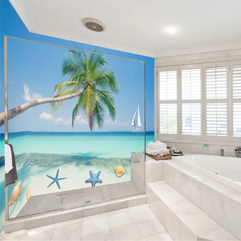 Modern Simple 3D Beach Coconut Mural Wallpaper Bathroom Background Wall Sticker PVC Waterproof Self Adhesive Wallpaper Roll