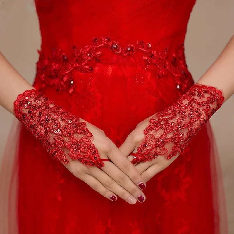 Guantes De novia cortos De satén con encaje De cuentas elegantes, guantes De novia sin dedos, blanco marfil, accesorios De boda