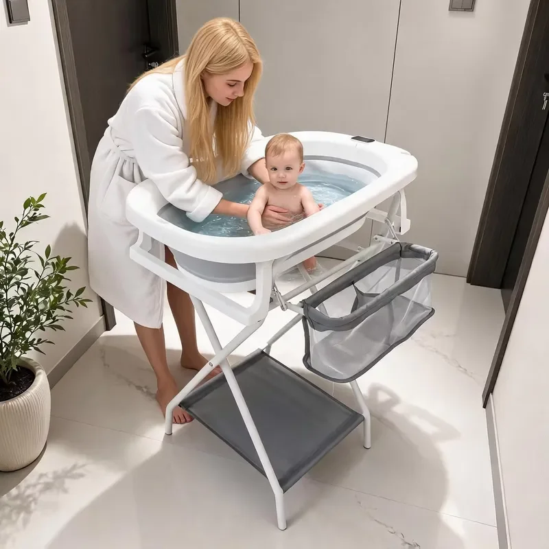 Height adjustable baby tub, folding metal bracket, foldable newborn tub, smart thermometer tub, suitable for young children
