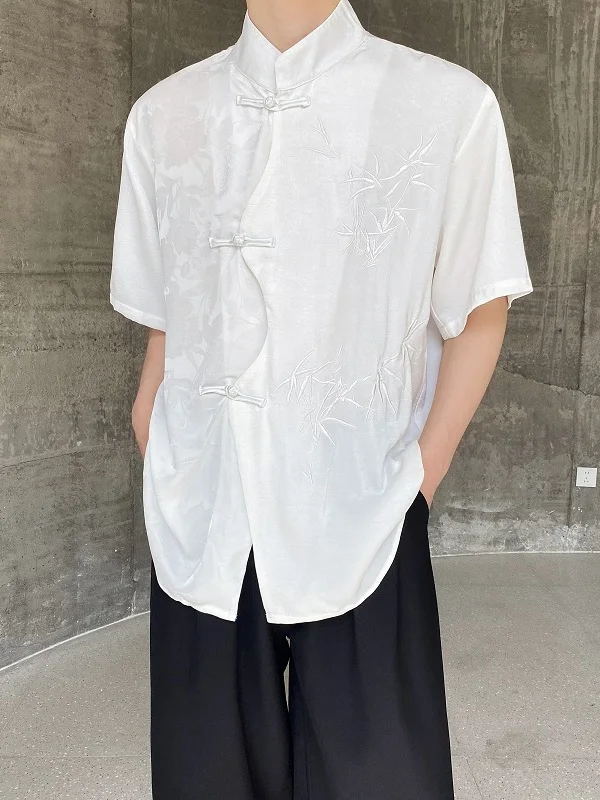 

Summer Improved Chinese Sle ort Sve irt Satin Surface Embroidery Button Stand Collar Youth Faion Loose Fit M Top