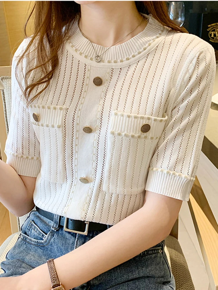 shintimes White Tshirt Women Summer 2024 Short Sleeve Top Ladies  Pockets Basic T Shirts Knitted Casual Clothes Tee Shirt Femme