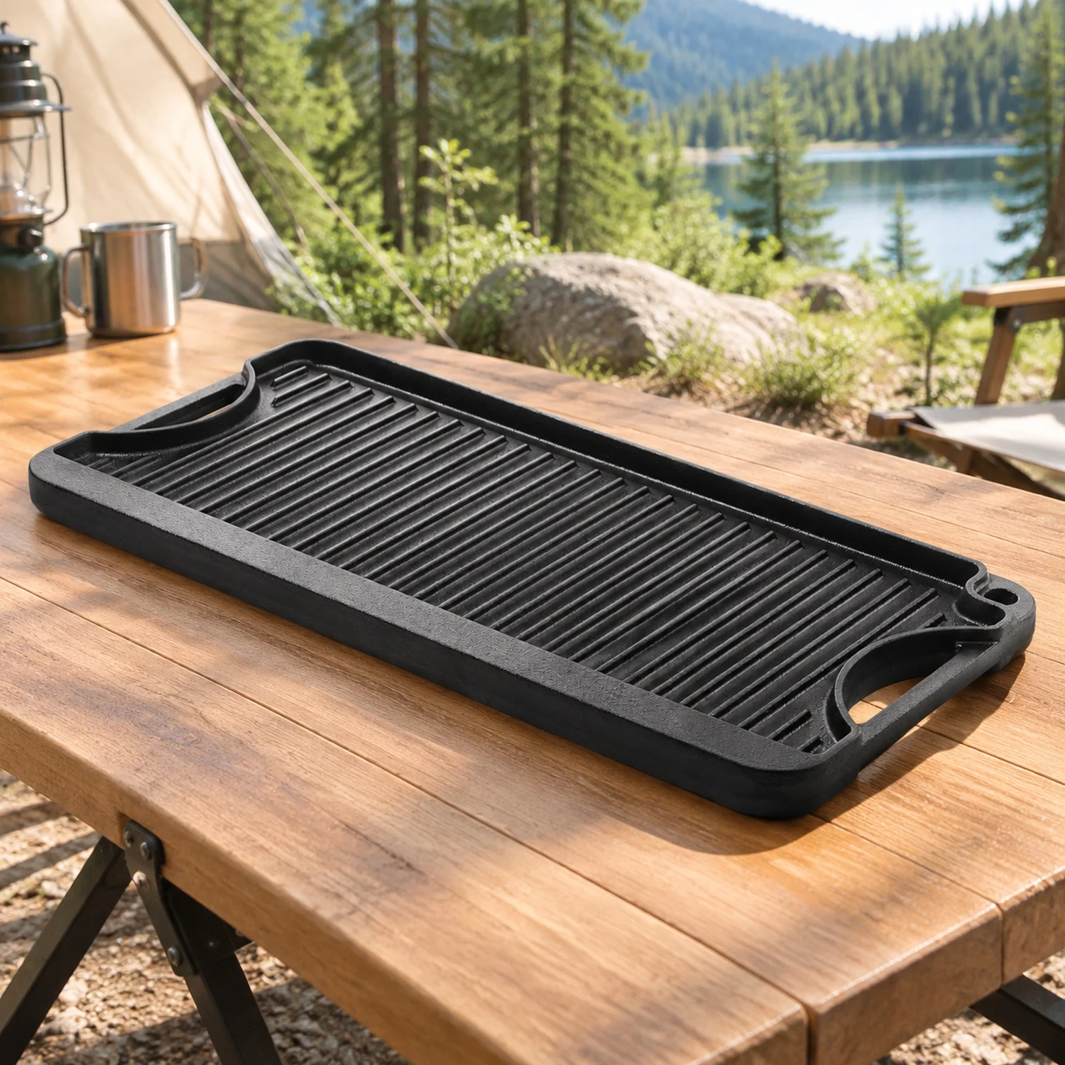Reversible Grill/Griddle, 20x10 inch Pre-Seasoned Cast Iron, Portable Rectangular Pan with Handle, Family Cookware for
