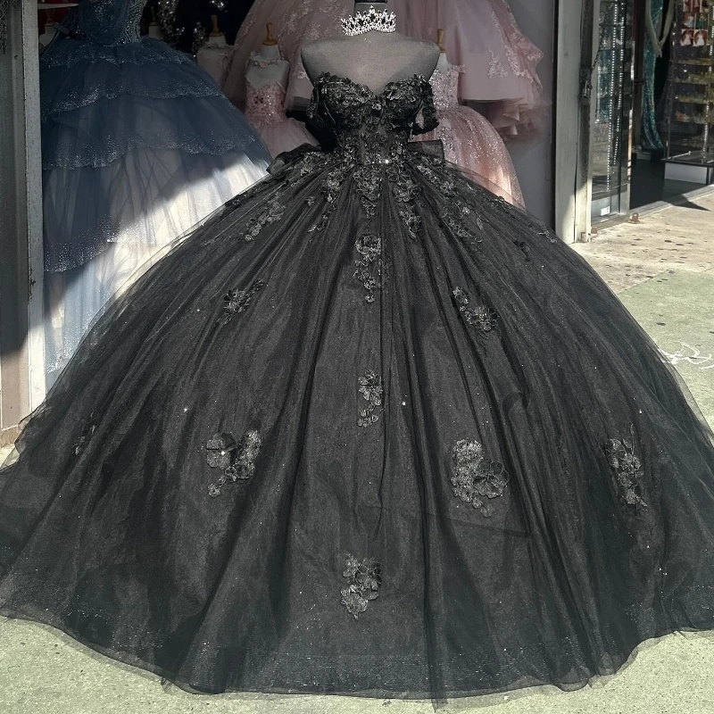 

Black Princess Girls Quinceanera Dress Appliques Lace Tull Off the Shoulder Ball Gown Prom Party Wear Sweet 15 16 Vestidos De