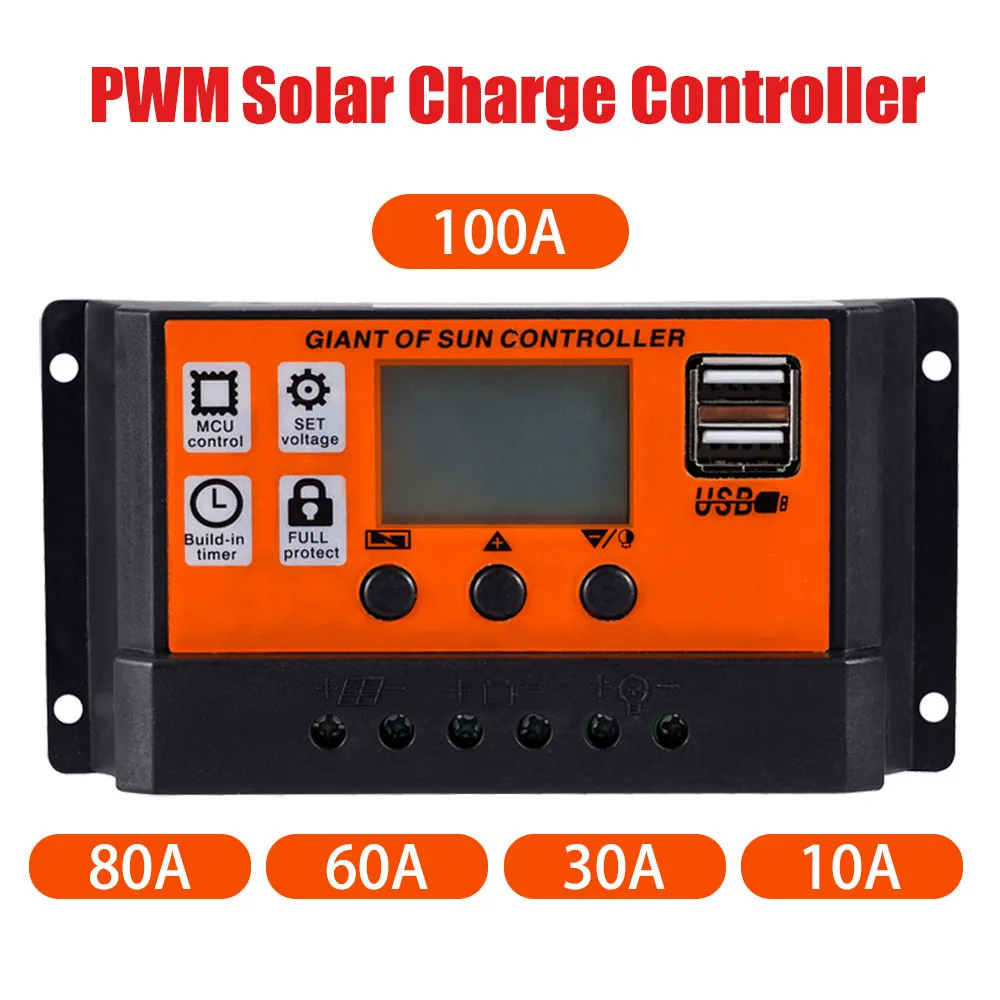 

100A/80A/60A/30A PWN Auto Solar Charge Controller Dual USB LCD Display Output 5V Car Solar Panel Battery Charge Regulator