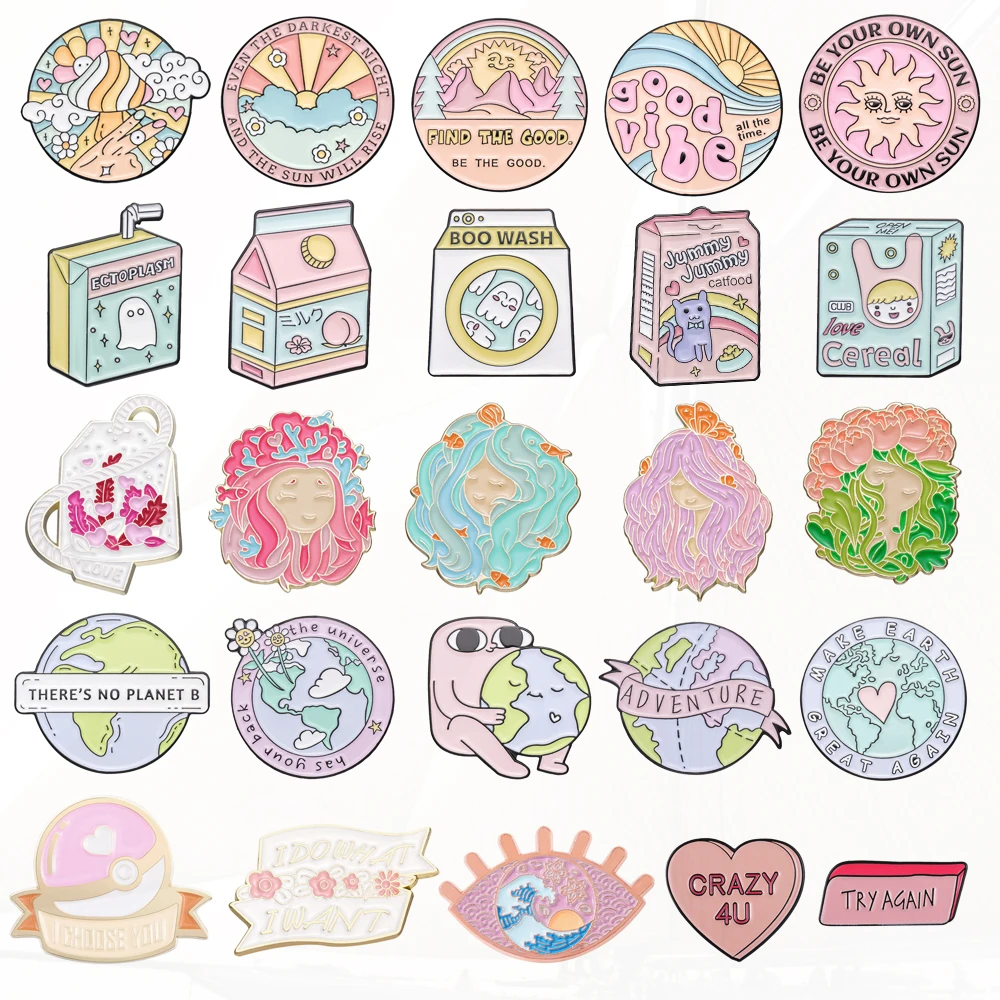 Sunrise Milk Coral Girl Earth Pearl Kies je Crazy Heart Eyes Sweet Badge Pins Sieraden Gift Pinsk Series Pin Rainbow Mushroom