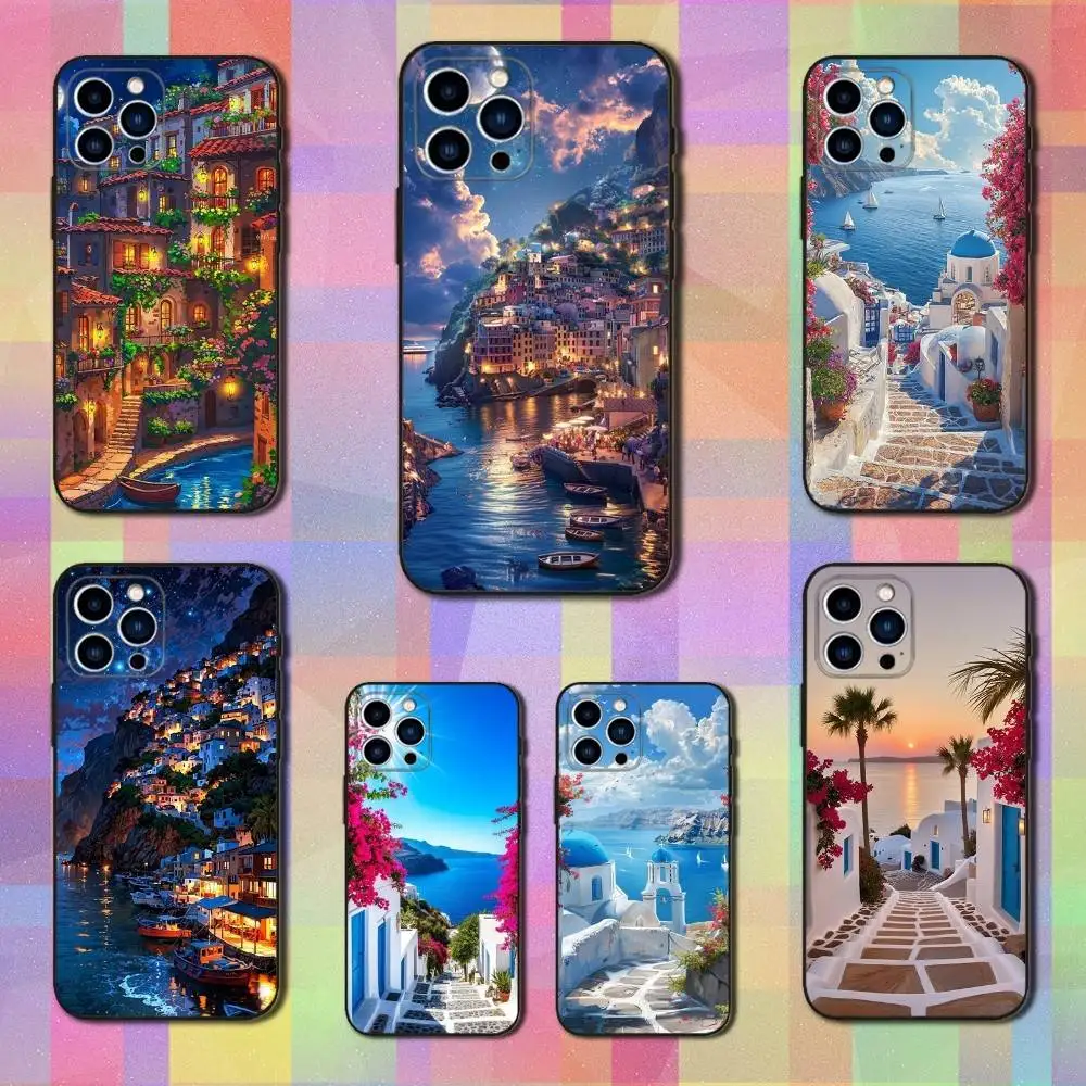 

Painted Art House Scenery Case For iPhone 15,16,12,14,17,13,11,Plus,Pro Max,8,7,XR,SE,XS,X,Mini,Soft Silicone Black