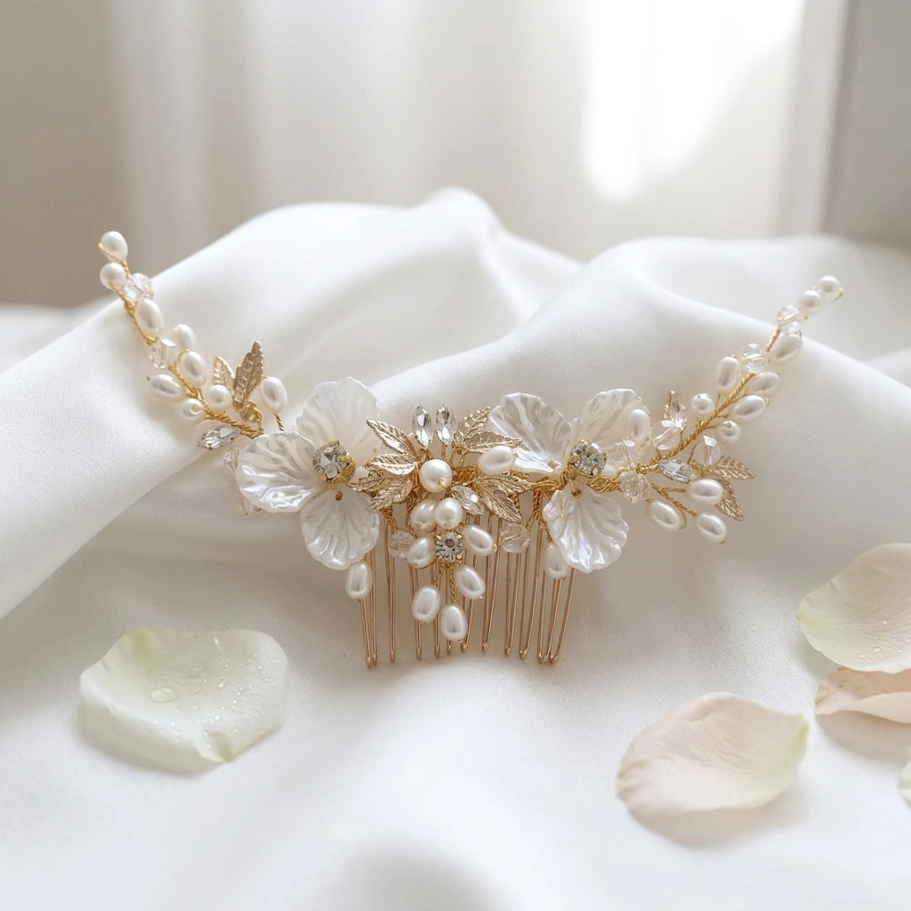 Elegant White Pearls Hair Combs Gold Color Leaves Flower Bridal Headbands Bride Wedding Evening Party Hair Jewelry Accessories