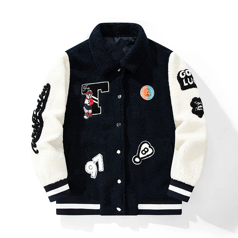 

Men's Cartoon Letters Embroidery Polar Fleece Jacket Vintage Lapel Buttons Thick Casual Coats for Fall and Winter