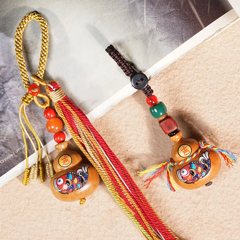 Gold sandalwood and jujube painted koi fish gourd pendant, decorative keychain with tassel, small ornament, accessory, wood