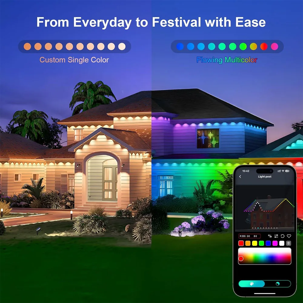 RGB Eaves Lights Bluetooth Permanent Outdoor Lighting Lights Music Sync Timer IP67 Waterproof String Party Home Halloween Decor
