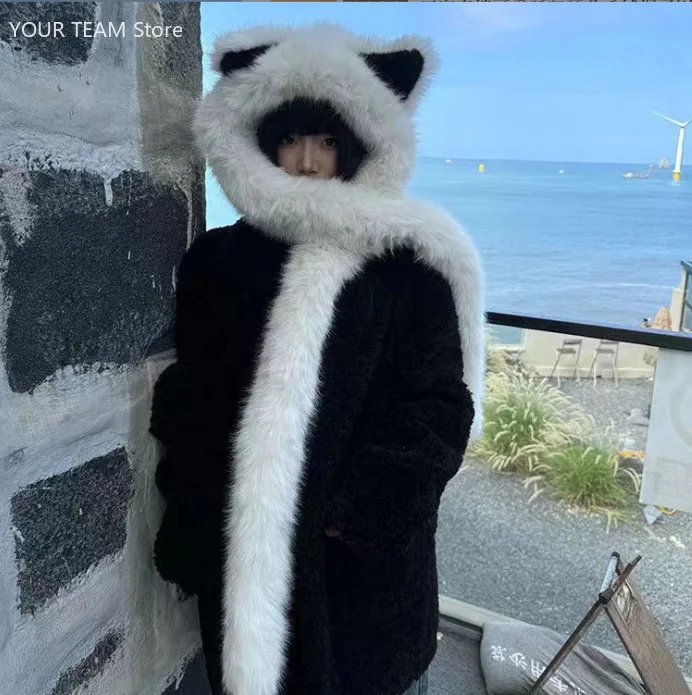 ชุดหมวกและผ้าพันคอขนเฟอร์เทียมหนานุ่มสำหรับฤดูหนาวสำหรับผู้หญิง ดีไซน์หูจิ้งจอก น่ารักและทันสมัย ป้องกันความหนาวเย็น ช่วยให้ใบหน้าดูเรียว