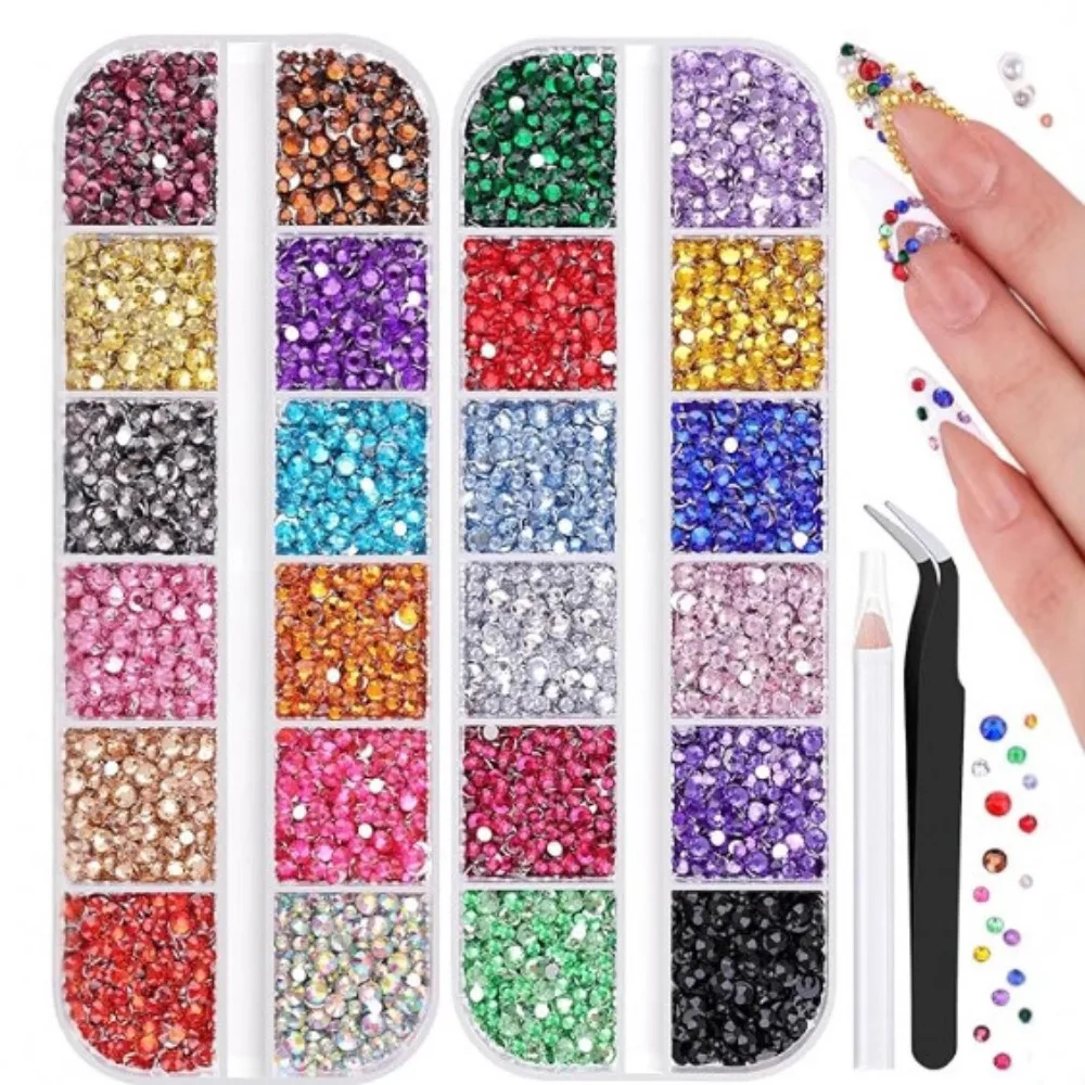 Nail Rhinestones Set Flat Back Round Crystals 2mm 3mm Multi Color Glitter Gems with Tweezers and Pen for DIY Manicure Decoration