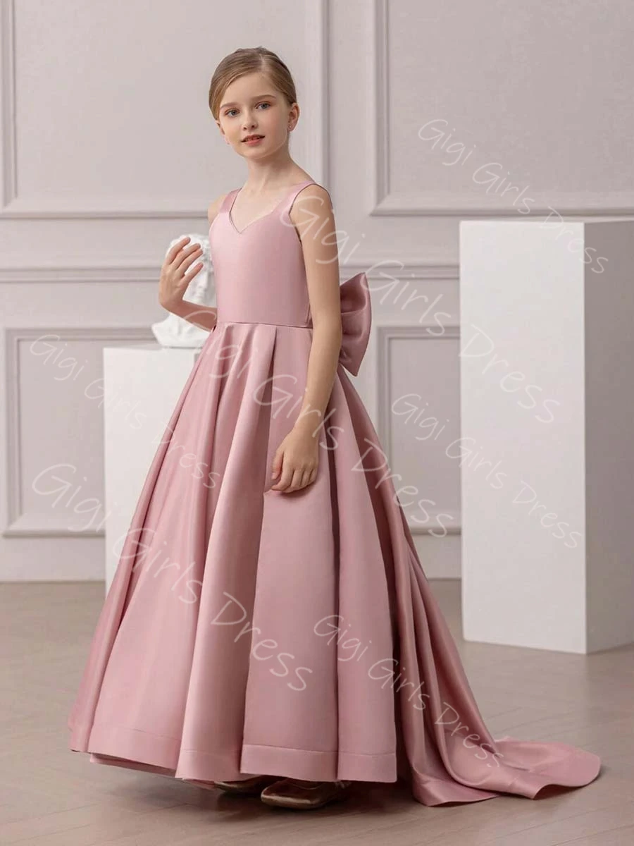 Dusty Pink Flower Girl Dress for Wedding Party Bridesmaids Spaghetti Straps Backless First Communion Dress with Train/Bow Custom