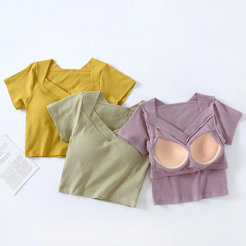 New Short Sleeve T-Shirt with Breast Pad Women's Exposed Navel V Neck Bra Cup Integrated Wear Free Bra Top