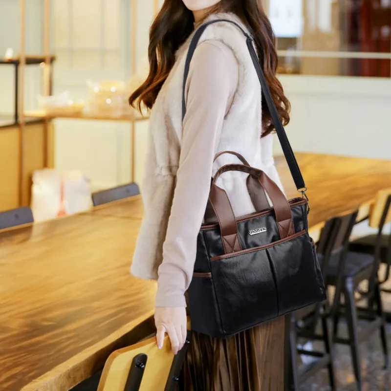 

2024 New Soft Leather Messenger Bag Autumn Winter Retro Portable Shoulder Bag Large-capacity Travel Mother Bag Women Tote Bags