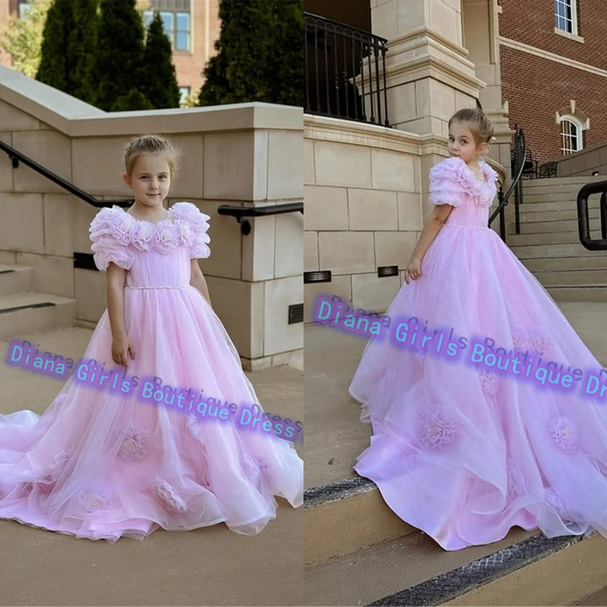 Lovely Pink Flower Girl Dress Tulle Fluffy Wedding Dresses Appliqued Tiered Princess Little Girls Birthday Party Customise Gowns