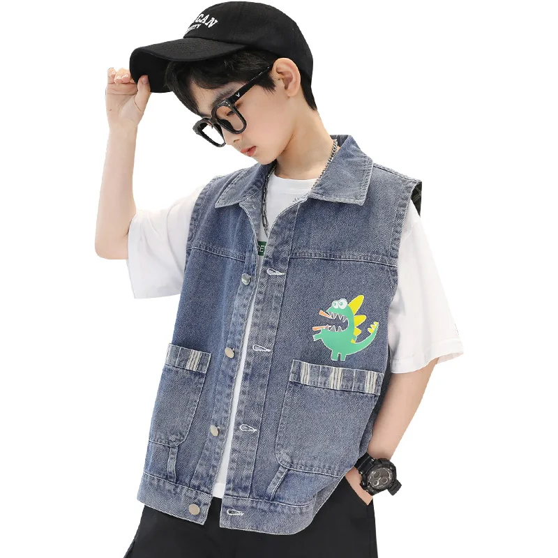 Cool Child Dinosaur Denim Vest For Boys High Street Waistcoat Outerwear Kids Child New Spring Sleeveless Jacket Costume Age 5-14