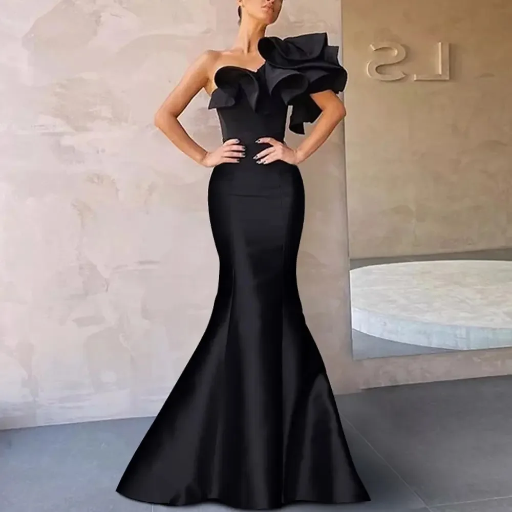 One Shoulder Ruffles Black Satin Formal Gown Custom Made Long Evening Dresses for Women