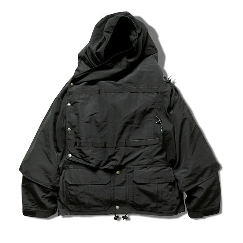 KAPITAL Vintage Panel Waterproof Wind Proof Multi Functional Men\'s Loose Jacket Japan Stitching Hooded Black Big Pocket Coat