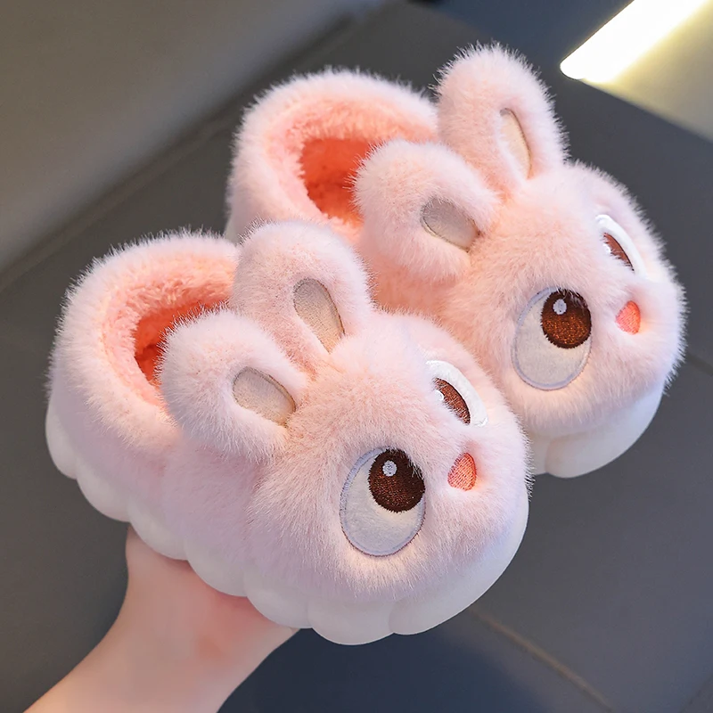 New Winter Cute Big eyed Rabbit Children\'s Cover Heel Warm Non-slip Fluffy Slippers For Girls Boys Kids Indoor Home Cotton Shoes